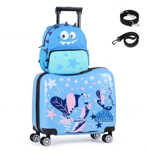 COSTWAY 2-delad barnresväska + ryggsäck, 30 cm + 40 cm barnvagn med hjul och vattentätt hårt skal, barnbagage med bärrem, rep och fotstöd, rullväska för pojkar flickor, dinosaurier, 12+18, Rak stång