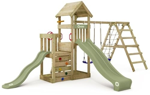 Wickey Torre da gioco Skyflyer 120 & 90 con scivolo verde pastello e telone – Attrezzo da gioco con arrampicata per il giardino