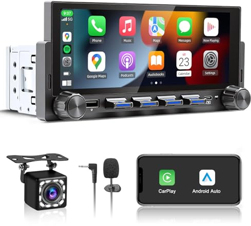 Autoradio 1 DIN con Schermo Wireless Carplay & Android Auto, 6,86 Pollici HD Touch Screen, Radio Auto con Bluetooth, Mirror Link, FM, EQ, USB, Type-C, Navigazione GPS, Telecamera Posteriore