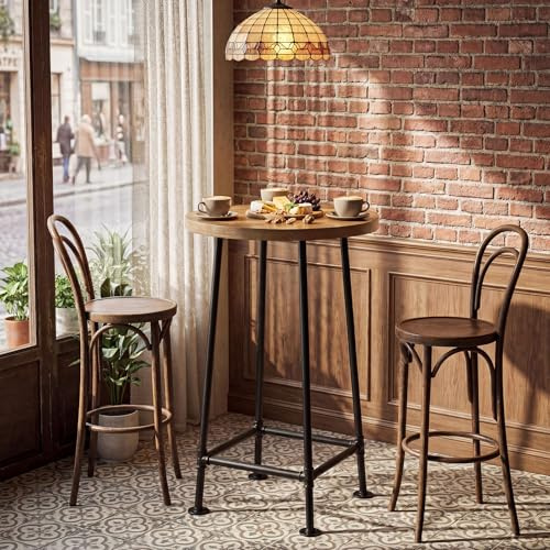 Tribesigns runt barbord, 100 cm högt ståbord med metallfotstöd, bistrobord, industriellt litet cocktailbord för bistro, kök, matsal, små rum, brunt och svart (endast bord)