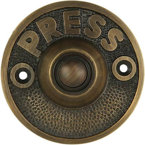 A29 Antique Brass Doorbell Button – 2 1/2 x 2 1/2 – Decorative Vintage Finish Push Button in Brass with Recess Mount – Wired for Two-Wire Chimes, Easy DIY Install, Weather Resistant Outdoor Use