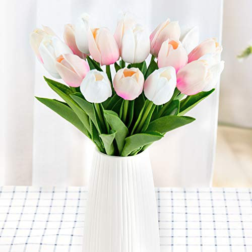 Whaline - Bouquet di 20 tulipani finti, in lattice, decorazione floreale per casa, giardino, matrimoni, feste (bianco e rosa chiaro)