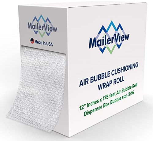 Air Bubble Cushioning Wrap Large Roll Dispenser Carton for Heavy-Duty Packing, Moving, Shipping, Packaging Boxes & Mailers |small 3/16 Bubble| 12 Inch x 175 Feet Total, Perforated Every 12 |USA Made
