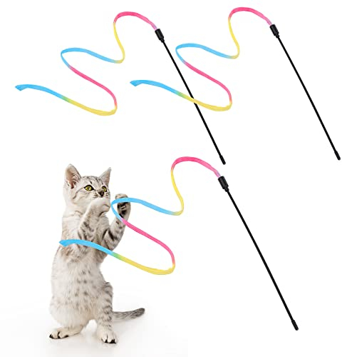 Cobee Interaktiver Zauberstab für Katzen, Regenbogen Zauberstab für Katzen Spielzeug Katzenbeschwörer Schnur Kätzchen Band Spielzeug Bandbeschwörer für das Spielen von(3 Stück, 30cm)