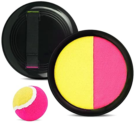 Klettballspiel für Kinder, Klettballspiel, Gartenspielzeug Outdoor Spiele für Kinders, Klettball Set mit 2 Klett Ball Paddle und 1 Klettball, für Kinder & Erwachsene, Innen und Außen, Gelb Rot