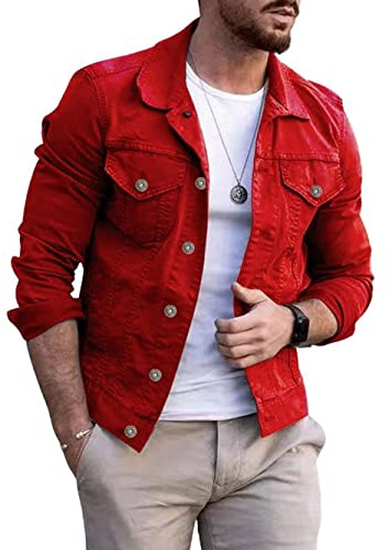 CHARTOU Veste en jean décontractée à manches longues boutonnée pour homme - Coupe classique, Rouge, X-Large