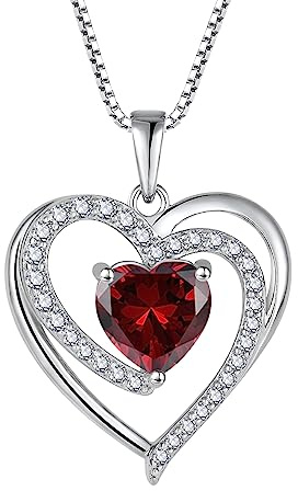 FJ Collar Corazón Mujer Plata de Ley 925 Granate Collar Enero Piedra de Nacimiento Joyas Regalos para Mujer Novia Esposa Mamá