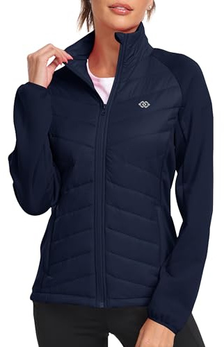 MoFiz Women's Lightweight Quilted Jacket Packable Hybrid Puffer Jackets Stand Collar Casual Transition Coat with Zip Pockets Navy US M