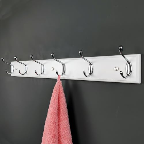 lomejii Lång väggmonterad klädhängare i trä med 6 krokar, 65 cm, vit, robust silverkrokhylla för kläder, hattar, väskor, stor modern träklädhängare för entré hall sovrum.