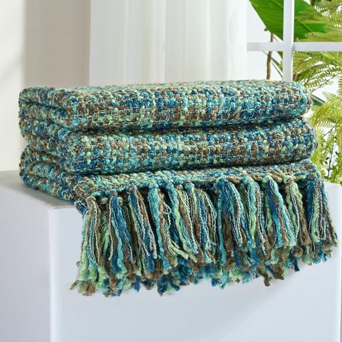 GINAMUSE Multi-Color Green Cable Woven Throw Blanket for Couch,50X60 Boho Style Textured Blankets for Home Decor,Super Soft Warm Cozy Chunky Blanket with Decorative Tassels for Bed and Sofa