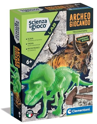 Clementoni - Science Lab-Archaeogiocando Triceratops-Dinosaurier, Fossila Kits för grävning och montering, paleontologi, vetenskapligt spel 7 år, på italienska, tillverkade i Italien, flerfärgade,