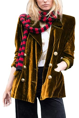 Blazer in velluto dorato blazer da donna elegante blazer doppiopetto negozio ufficio blazer con tasca laterale e bottoni manica lunga risvolto blazer tinta unita giacca bolero festiva, giallo., L
