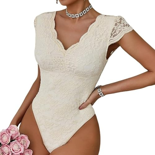 Haibang Body in Pizzo da Donna Sexy Scollo a V Bodysuit Top Floreale Aderente Camicetta a Maniche Corte Body Sottogiacca Elegante Cami Camicie Maglietta Blusa Clubwear
