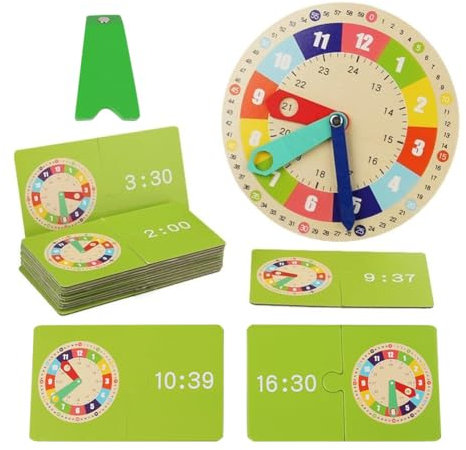 WAVATA Lernuhr Kinder Holz, Uhr Zum Lernen für Kinder, Lernuhren für Kleinkinder, Holz Uhr zum Zeitlernen mit 15 Karten, für Kleinkinder 3 4 5 6 7 Jahren Frühes Lernen, Frühe Kindheit