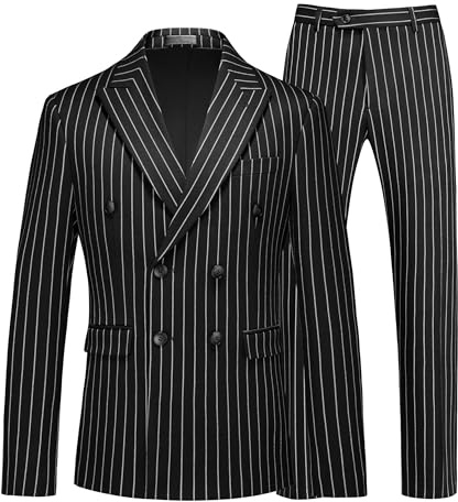 MOGU Mens Double Breasted Pinstripe Suit - 2 Piece Slim Fit Vintage Tuxedo for Groomsmen, Wedding, Prom Size S Black