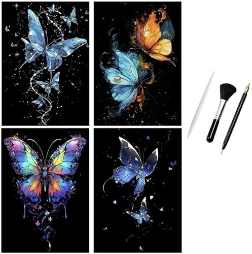 ShipeeKin 4x Kratzbilder Leuchtend 290 x 210 mm A4 Wandbild Kratzbilder Kratzpapiere für Erwachsene Kinder mit Werkzeug Set (Schmetterling)
