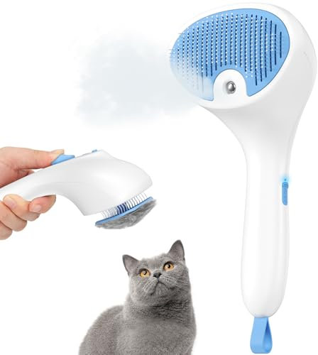 Euqvunn Katzenbürste mit Dampf mit Auslöseknopf, [Ultra-Leises Design/Komfort-Griff] Pet Dampfbürste Katze Steamy Brush Hundebürste Wiederaufladbar Katzen mit Spray für Katzen, Hunde, Kaninchen