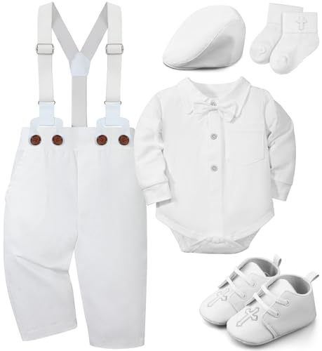 Bunnycool 5 Pcs Baby Boy Baptism Outfits Includes Shirt Beret Hat Suspender Pants Shoes Socks Christening Outfits for Boys (0-6 Months)