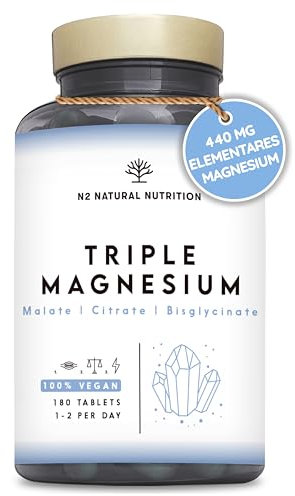 Triple Magnesio 2640 mg. Magnesio Bisglicinato + Magnesio Citrato + Magnesio Malato. Riposo, Energia, Ossa e Muscoli. Antistress. 440mg Elementare. 180 Compresse. N2 Natural Nutrition
