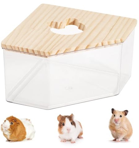 Ksvaye Hamster Sandbad Transparenter Acryl Duschraum Hamster-Badewanne Box Hamster Toilette Sandbad Container Toilette Hamster Zubehör mit Holzdeckel für Mäuse, Lemminge, Rennmäuse, 13 * 13 * 8cm