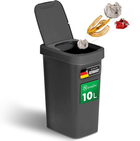 Novaliv Mülleimer 10L mit 2in1 Deckel, Klappdeckel & Schwingdeckel, Stilvoller Anti-Geruch Abfalleimer für Bad Badezimmer Küche Haushalt Büro, Müll Eimer Bin Abfall Kunststoff Abfallbehälter
