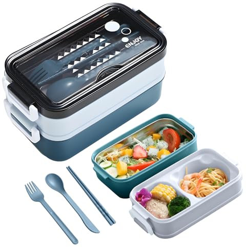 Electri-HQ Caja de almuerzo con 3 compartimentos 1400 ml, caja Bento, apta para microondas y lavavajillas, con función de calentamiento, para niños, escuela, oficina y viajes (azul)