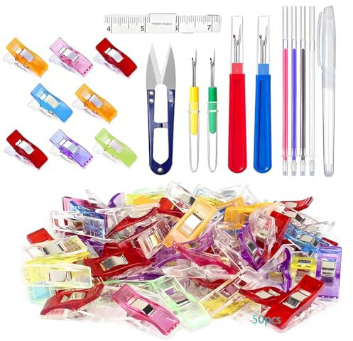 KEWUF 61 Pezzi Taglia Asole Kit, scucirino da sarta, 4 Ripper Cucito con 1 Forbici e 1 Scatola di Conservazione e 1 Metro a Nastro e 50 Fermaglietti per Cucito, Kit Cucito Strumenti