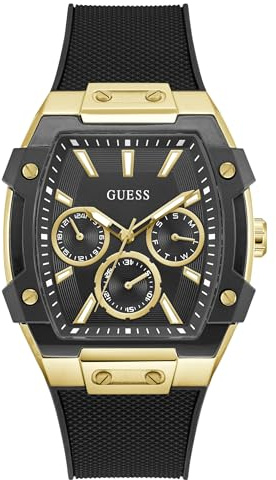 Guess Phoenix GW0956G2 Montre pour Homme en Acier Inoxydable avec Bracelet en Silicone Noir 5 Bar Cadran Noir Date 44 mm