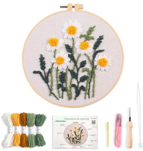 Creative Stab Punch Needle Kit, Sunflowers, Daisy & Flower Patterns , Beginner-Friendly ,Complete Set with Fabric, Needle, Yarn & Instructions , Perfect for Adult Handicraft Enthusiasts (daisy)