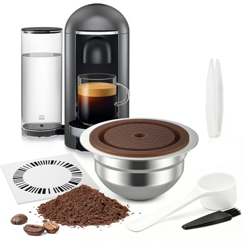 RTXANFYZ Stainless Steel Reusable Coffee Pods for Nespr*sso V-rtuo - Refillable Capsules Compatible with V-rtuoline GCA1 and ENV135 NEXT POP Series With 4 Barcode Stickers,Silicone Lid (150ML)