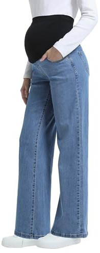 CFRTMTBB Women's Maternity Jeans Wide Leg Over Belly Comfy Stretch Straight Legs Pregnancy Denim Pants with Pockets (Light Blue,L)