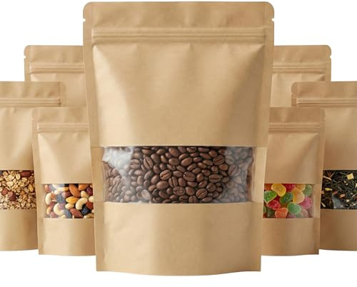 50 Bolsas Papel Kraft con Ventana y Cierre Hermético Zip - 15x10 cm (175ml). Doypack Reutilizable para Alimentos, Té y Café. Pequeñas