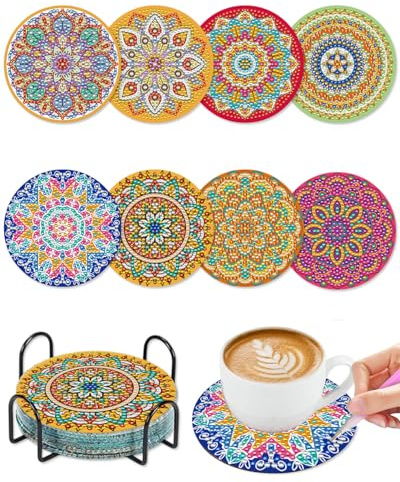 CULEB 8 Pezzi Sottobicchieri Diamante con Supporto, Sottobicchieri Diamond Painting, Sottobicchieri Mandala Fai da Te, Set di Sottobicchieri con Pittura a Diamante per Adulti & Bambini(C)