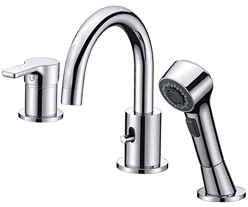 CREA Bathroom Faucet 3 Hole Bathtub Widespread Sink Faucets Chrome with Shower Diverter Pull Out Shower Head Roman Bathtub Waterfall Spout Filler Faucet for Baby Pet Dog Cat Bath Hair Washing
