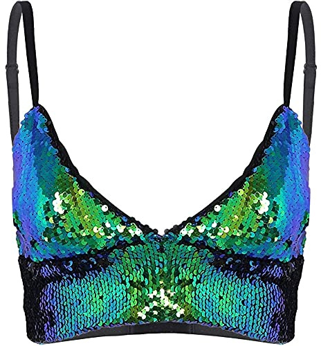 VentureTech Sexy Glitter Paillettes Reggiseno Pesce Scala Bikini Top Bralette Partito Clubwear Costume da Bagno Camicia da Discoteca, Verde, S
