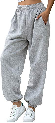 Nuofengkudu Mujer Harem Térmicos Jogging Pantalones Forro Polar con Bolsillos Elastica Cintura Alta Comodo Llanura Largos Pantalón Deportiva Jogger Pants Sweatpants Casual Ropa de Casa(Lana-Gris,L)