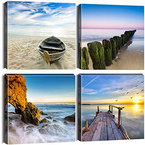 Artscope Väggkonst, canvastavlor, 4 delar – träbåtar, pinnar och bryggor på stranden, bildmålning – modern väggkonst inramad för badrum, hem, kontor, dekor – 30 x 30 cm