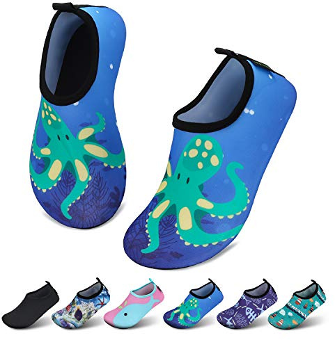 SAGUARO Kinder Badeschuhe Jungen Aquaschuhe Mädchen Schnell Trocknend Strandschuhe Atmungsaktiv Wasserschuhe Surf Yoga Neoprenschuhe,Blau Octopus,Gr.30/31 EU