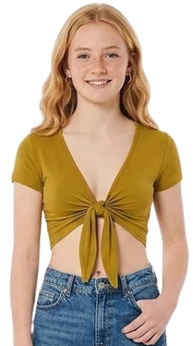 Women’s Tie Up Crop Top Short Sleeve Bolero Shrug Cardigan Ladies Cap Sleeve V Neck Front Knot Cropped Top Mustard UK 12-14