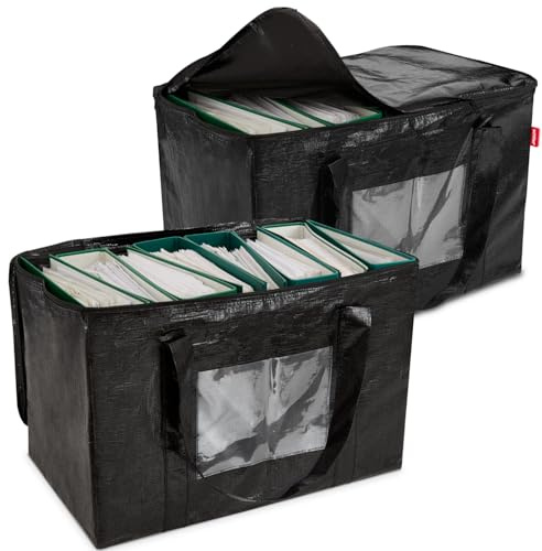 achilles Rangement Papier Administratif - Boite Rangement Dossier 50L - 2 Pièces Range Document Bureau avec Fenêtre Transparente et Fermeture Éclair - 50x33x30cm - Noir