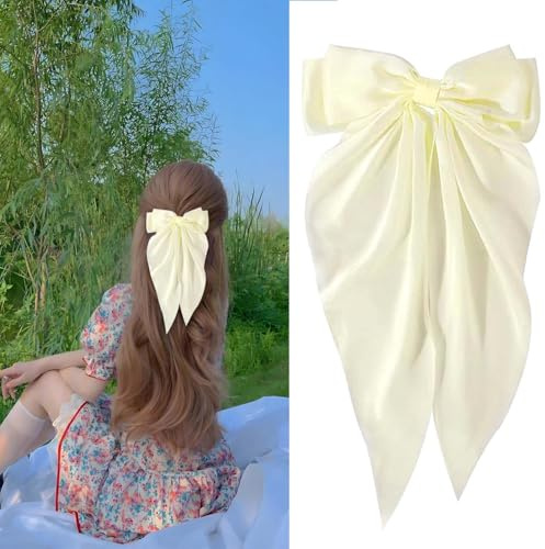 Bow Hair Clip, Hair Bows for Women Big Bowknot Hairpin French Hair Clips with Long Ribbon Solid Color Barrette Clips for Women Girls(creamy-white-1pc)