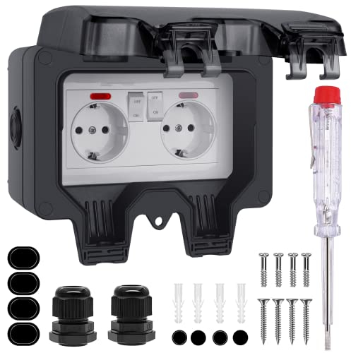 TIMLand Prise Extérieure Étanche IP66, Prise Electrique Extérieure IP66 Étanche Double Prise Murale avec Interrupteur Témoin Lumineux pour Jardin Balcon Terrasse Picsine Garage Cuisine Maison