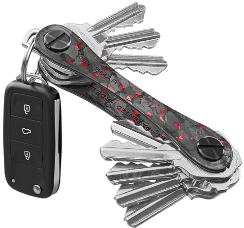 KeySmart Original Key Holder - Compact Key Organizer for Key Chain, Minimalist Clutter-Free EDC Keychains Key Ring, Red Forged Carbon Fiber, 14 Keys