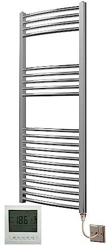 Greened House Extra High Heat Output Chrome Electric Towel Rail 500 x 1200mm Curved Bathroom Radiator Heater Up to 26% More Heat Output + Timer and Thermostat