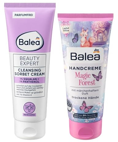 Balea 2er-Set Hautpflege: Reinigungscreme Beauty Expert Cleansing SORBET CREAM mit Squalan, Panthenol, Vitamin E (125 ml) + Handcreme MAGIC FOREST für trockene Hände (100 ml), 225 ml