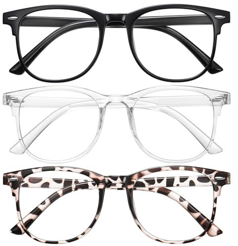 Ougenni 3 Pack Blue Light Blocking Gla-sses for Women Men, Round Computer Gla-sses Anti Eye Strain/UV/Glare Gaming Gla-sses Fashion Frame Fake Eyegla-sses with Clear Lens