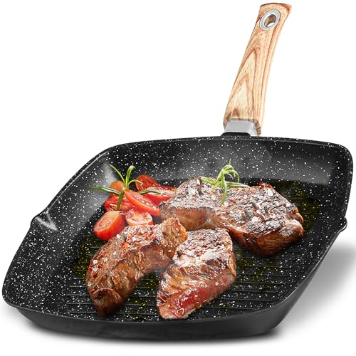 ZENQA 28cm Griddle Pan Non Stick | Aluminium Grill Pan Cool Handle with Dual Pouring Lip | Steak Pans Suitable for Gas, Electric, Induction Hobs Stoves Hobs | Cooking Frying Fish Pan Ceramic Coated