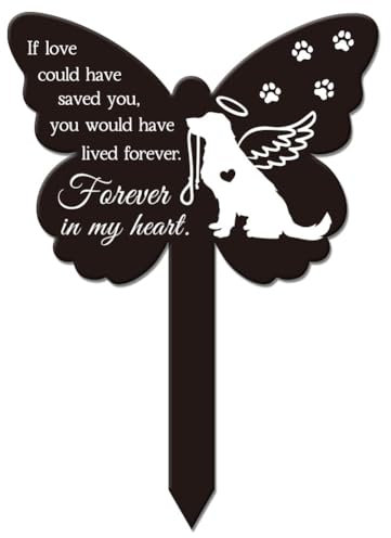 GLOBLELAND Piquet de Jardin en Forme de Papillon avec Plaque Commémorative en Forme D'Ange pour Chien Imperméable en Acrylique pour Cimetière. Piquet de Sympathie pour Jardin