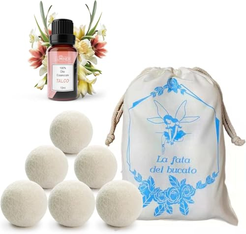 Palline Per asciugatrice, 6 Palle Per Asciugatrice Antipiega e Cattura Peli Con 1 Oli Essenziale Talco, Palline Di Lana Per Asciugatrice Con Profumatore Per Il Bucato LUMINER