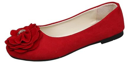 Ladies Ballerina Summer and Autumn Lightweight Suede Round Toe Shallow Mouth Soft Bottom Bow Single Daily Dating Commuting Large Size Ballet Shoes Flat Shoes Ladies Pumps Size 8 (Red, 4.5)